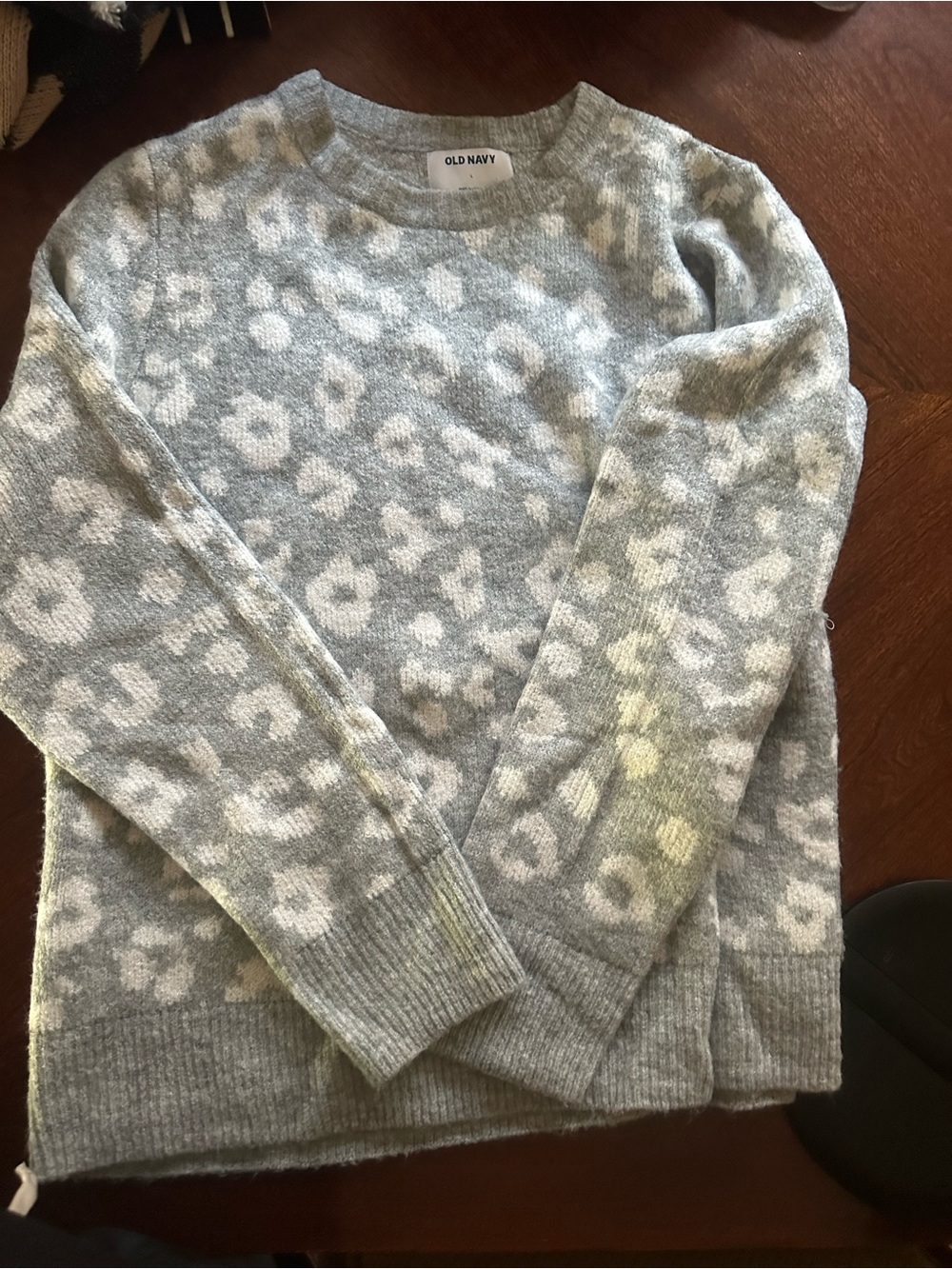 Old Navy Gray and White Leopard-Print Crewneck Sweater